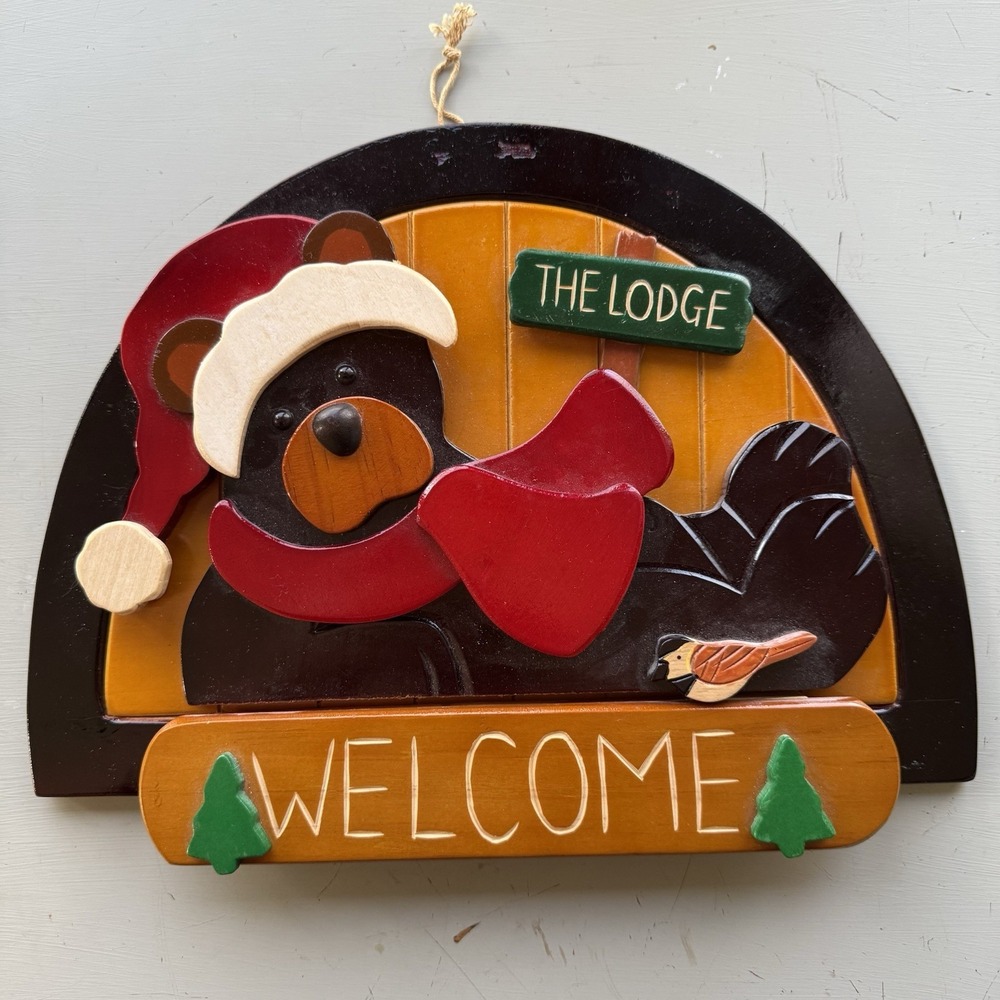 Handmade Welcome Bear Lodge Wood Sign Trees Bird Bear Hat  VTG  Cottage Cabin